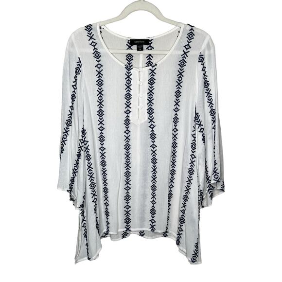 Karen Kane white and blue Embroidered Tunic Length Top Size Medium - Picture 1 of 6